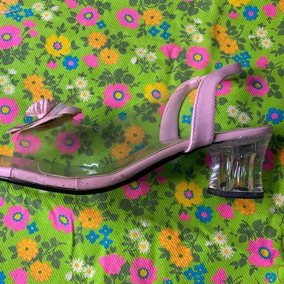 Vintage Pierre Dumas Pink Floral Clear Unique Chunky Heel Mule Sandal Size 7.5 - Picture 4 of 15